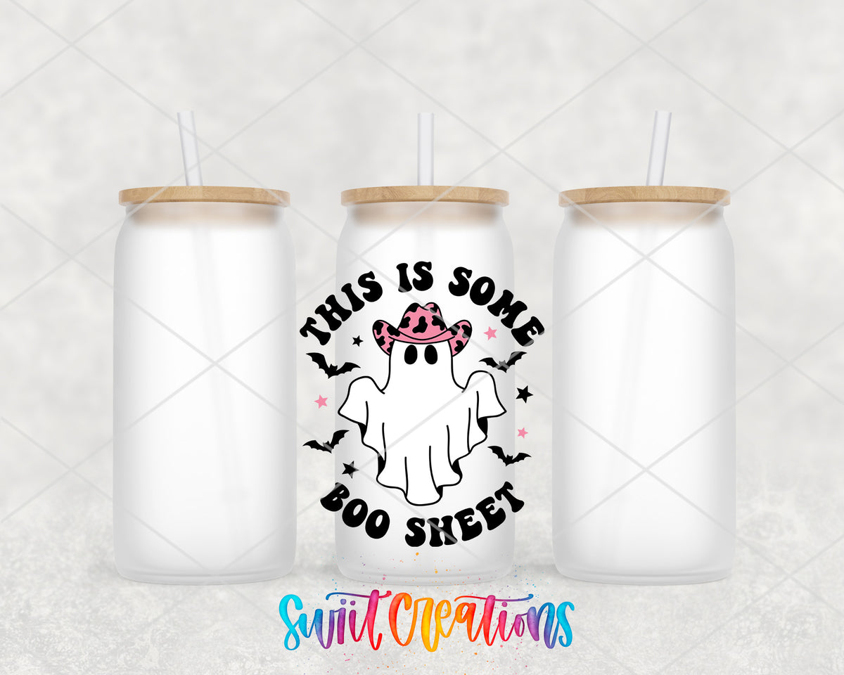 This Is Some Boo Sheet frosted glass tumbler group view with lids and straws