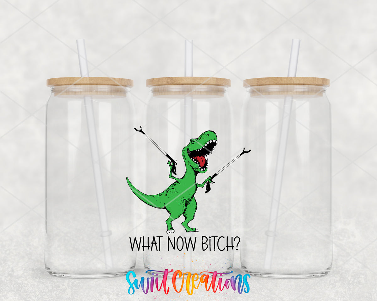 What Now Dinosaur clear glass tumbler group mockup with bamboo lids and straws