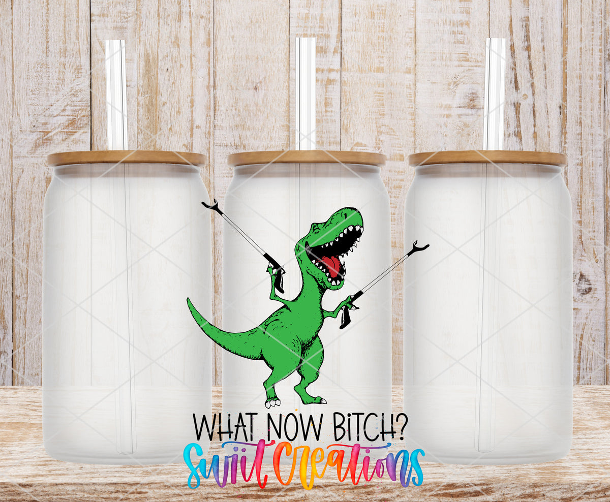 What Now Dinosaur frosted glass tumbler mockup with bamboo lids and straws