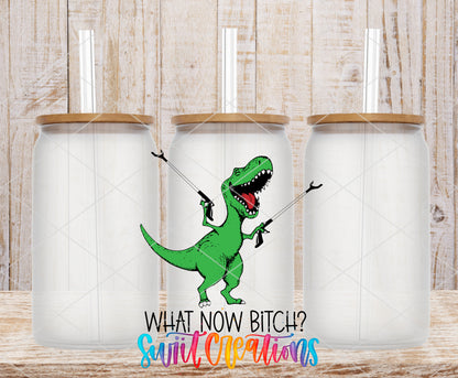 What Now Dinosaur frosted glass tumbler mockup with bamboo lids and straws
