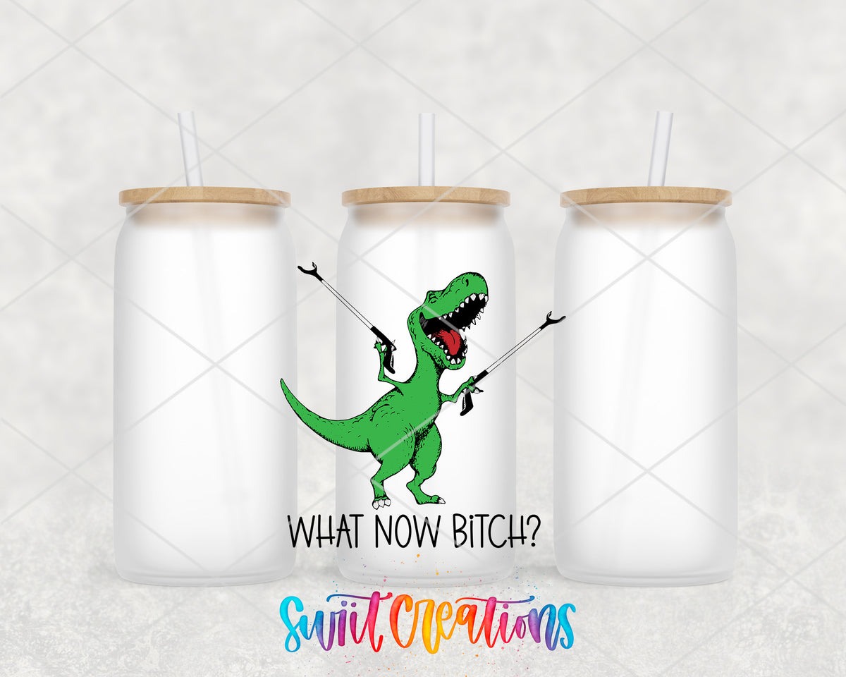 What Now Dinosaur frosted glass tumbler group view with lids and straws