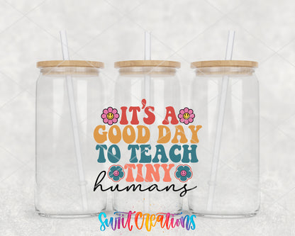 Good Day to Teach Tiny Humans clear glass tumbler group mockup with bamboo lids and straws