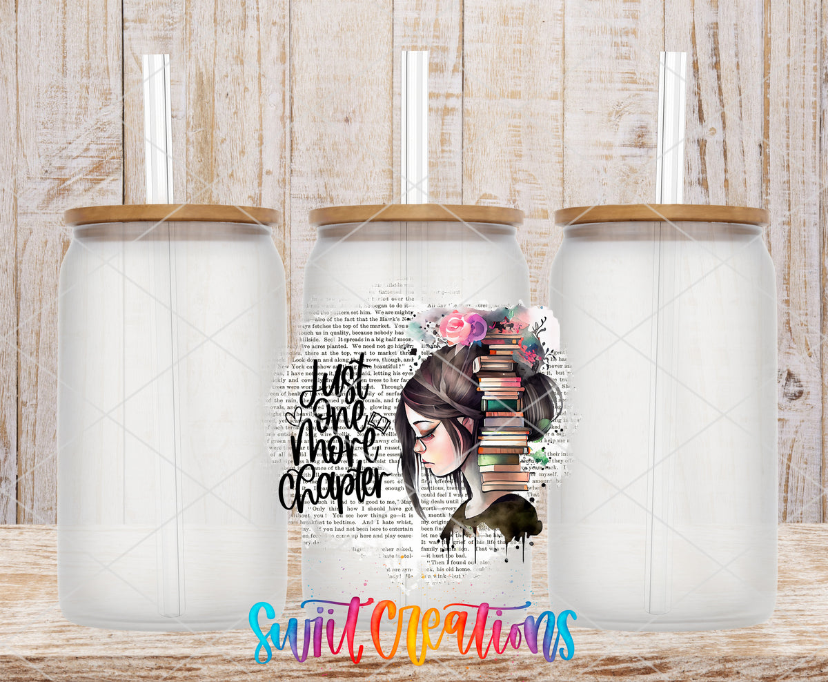 Just One More Chapter frosted glass tumbler mockup with bamboo lids and straws