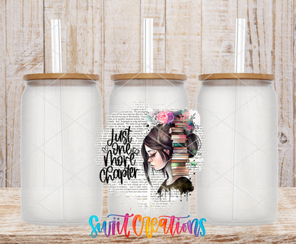 Just One More Chapter frosted glass tumbler mockup with bamboo lids and straws