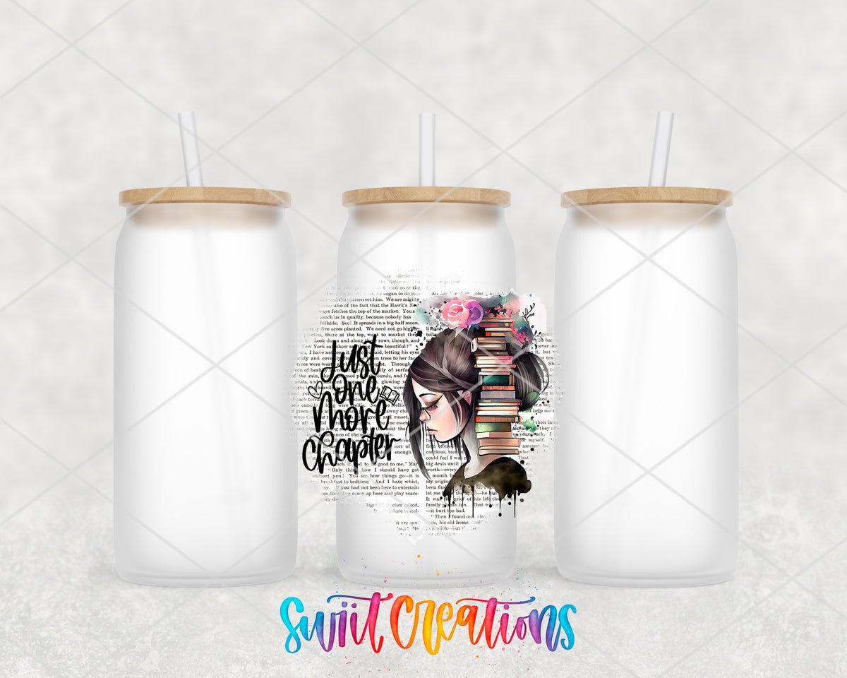 Just One More Chapter frosted glass tumbler group view with lids and straws