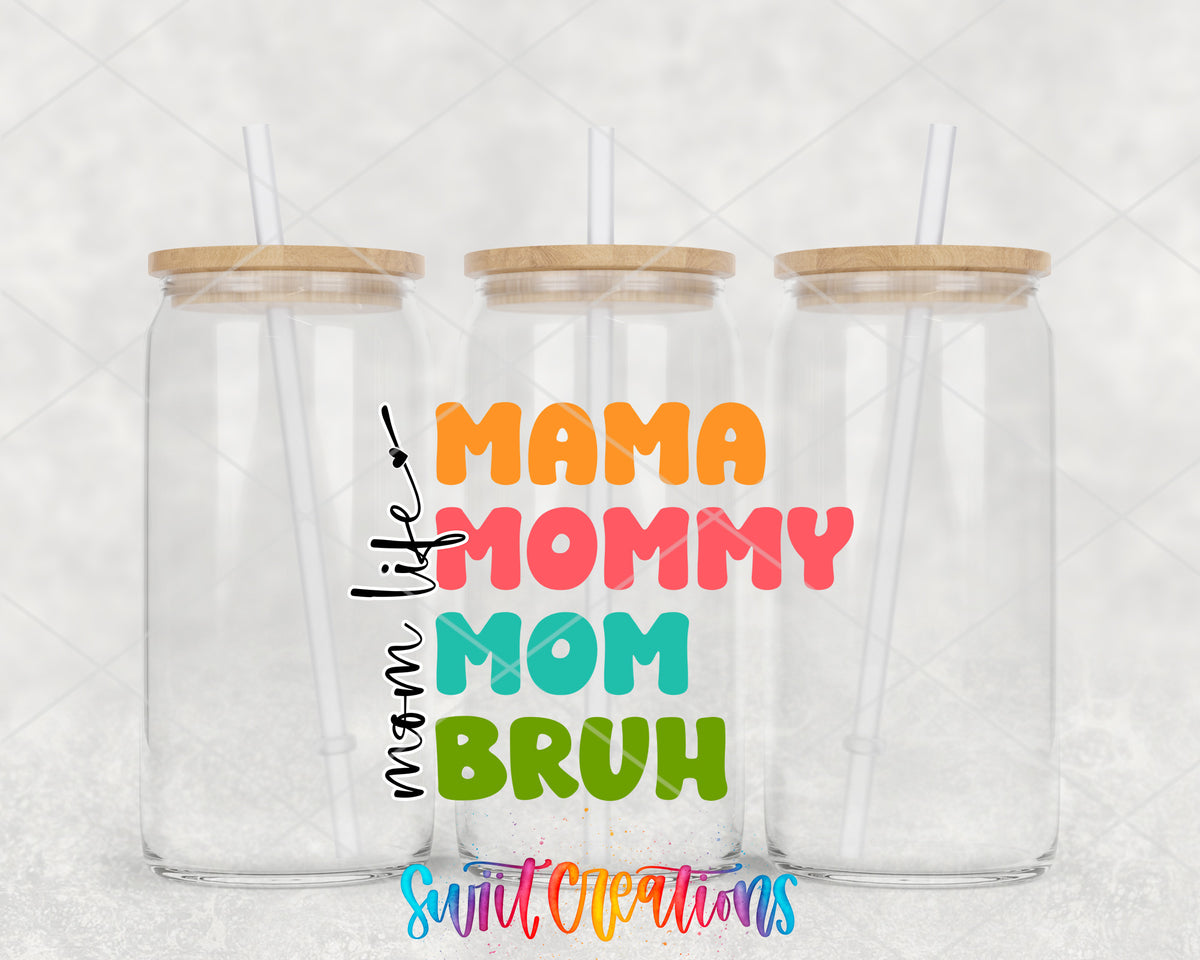 Mama Mommy Mom Bruh clear glass tumbler group mockup with bamboo lids and straws