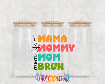 Mama Mommy Mom Bruh clear glass tumbler group mockup with bamboo lids and straws