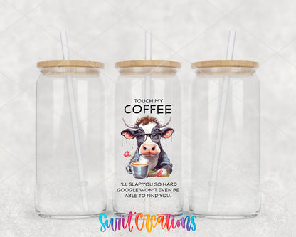 Touch My Coffee Cow clear glass tumbler group mockup with bamboo lids and straws