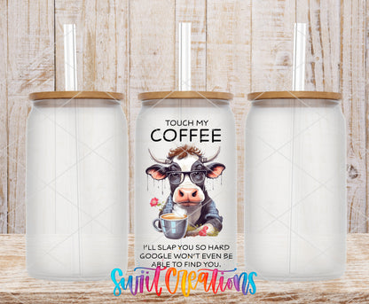 Touch My Coffee Cow frosted glass tumbler mockup with bamboo lids and straws