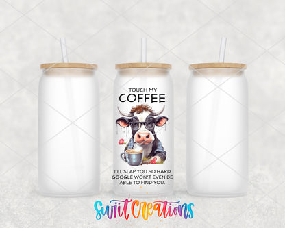 Touch My Coffee Cow frosted glass tumbler group view with lids and straws