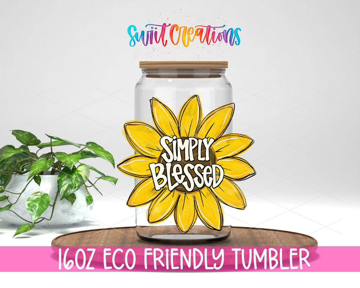 Simply Blessed Sunflower design on a 16 oz clear glass tumbler with bamboo lid