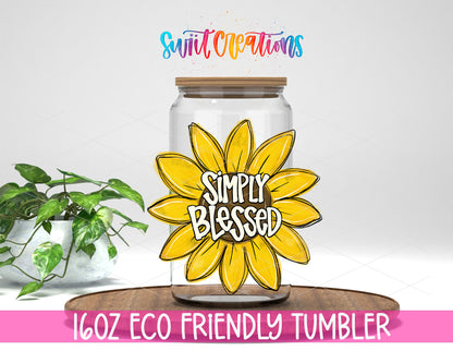 Simply Blessed Sunflower design on a 16 oz clear glass tumbler with bamboo lid