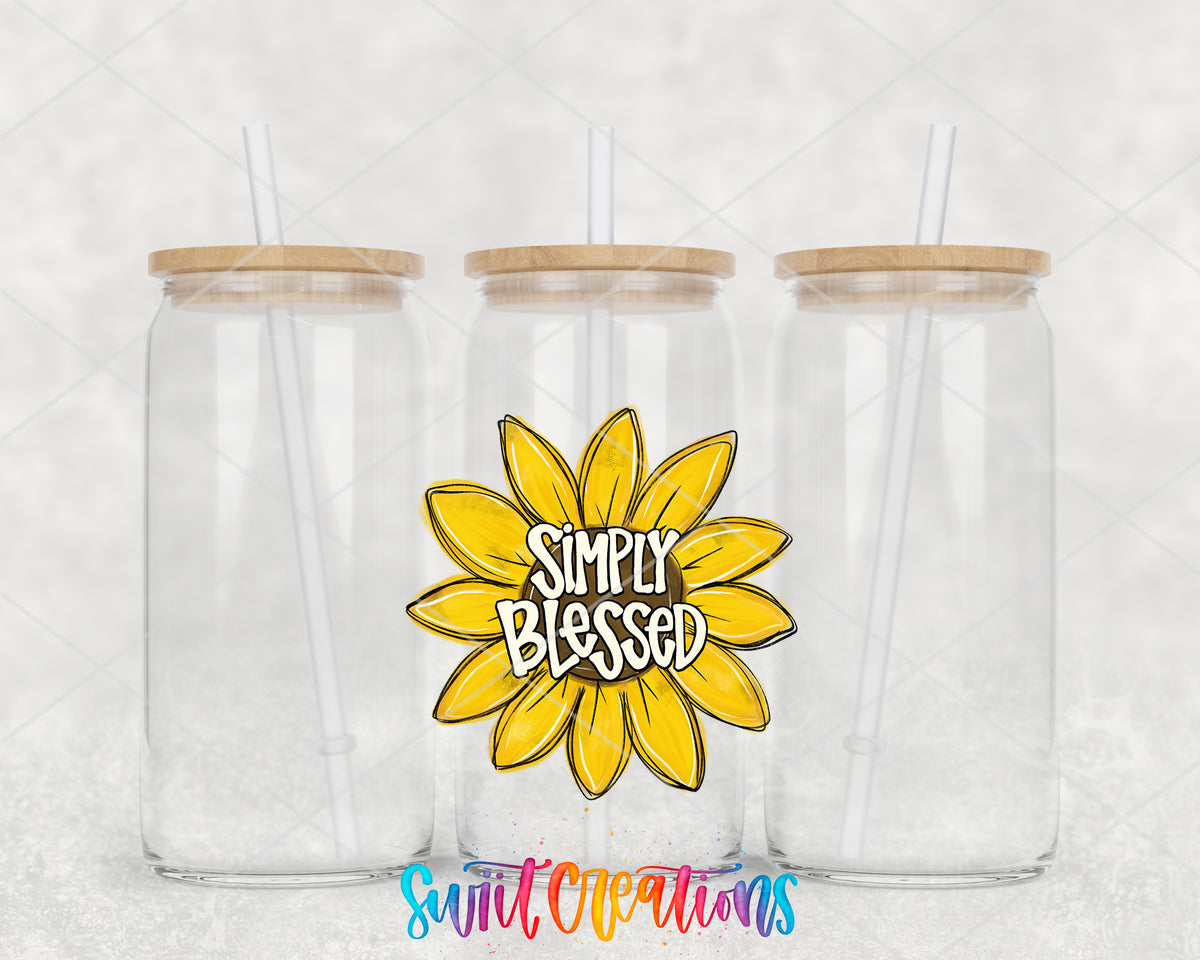 Simply Blessed Sunflower clear glass tumbler group mockup with bamboo lids and straws