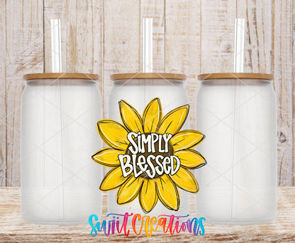 Simply Blessed Sunflower frosted glass tumbler mockup with bamboo lids and straws