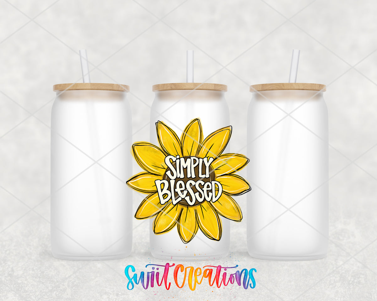 Simply Blessed Sunflower frosted glass tumbler group view with lids and straws