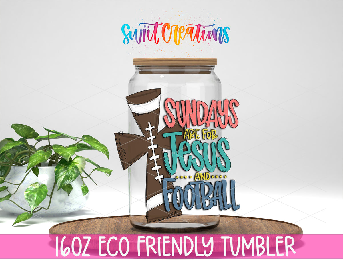 Sundays Jesus and Football design on a 16 oz clear glass tumbler with bamboo lid