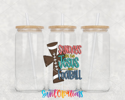 Sundays Jesus and Football clear glass tumbler group mockup with bamboo lids and straws