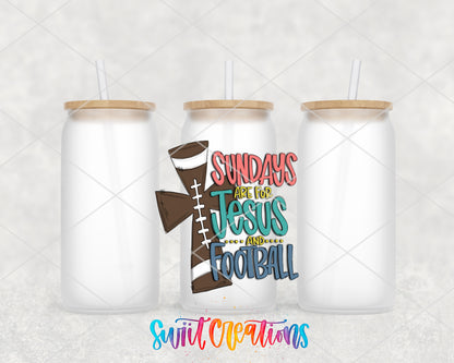Sundays Jesus and Football frosted glass tumbler group view with lids and straws