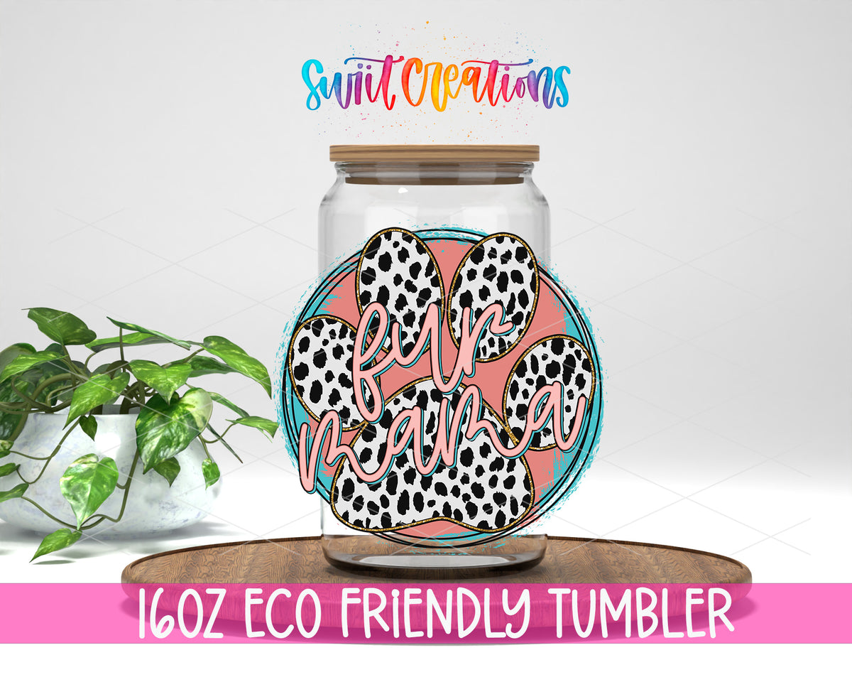 Fur Mama Leopard Paw design on a 16 oz clear glass tumbler with bamboo lid