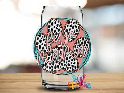 Fur Mama Leopard Paw design close-up on a clear glass can tumbler