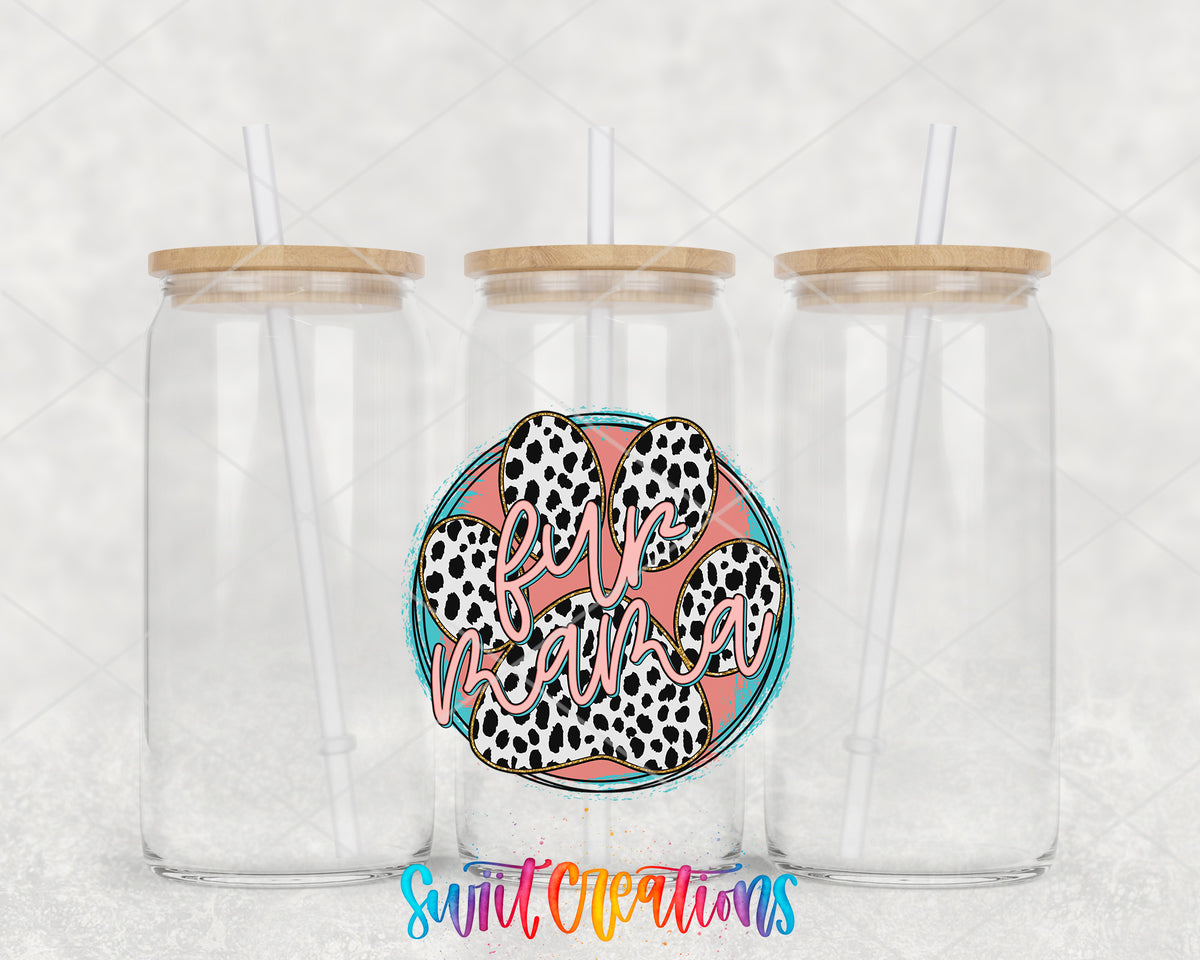 Fur Mama Leopard Paw clear glass tumbler group mockup with bamboo lids and straws