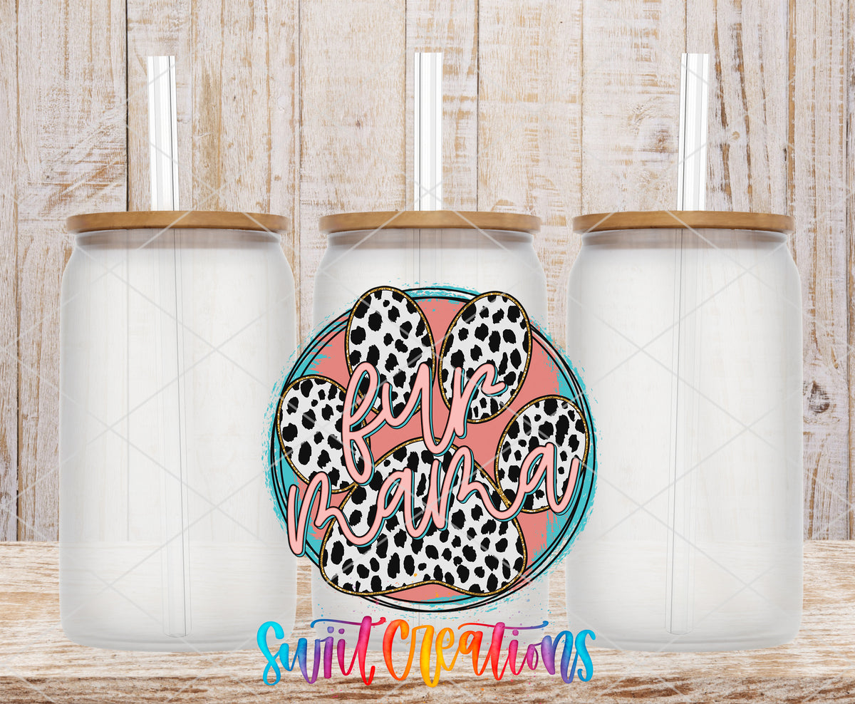 Fur Mama Leopard Paw frosted glass tumbler mockup with bamboo lids and straws