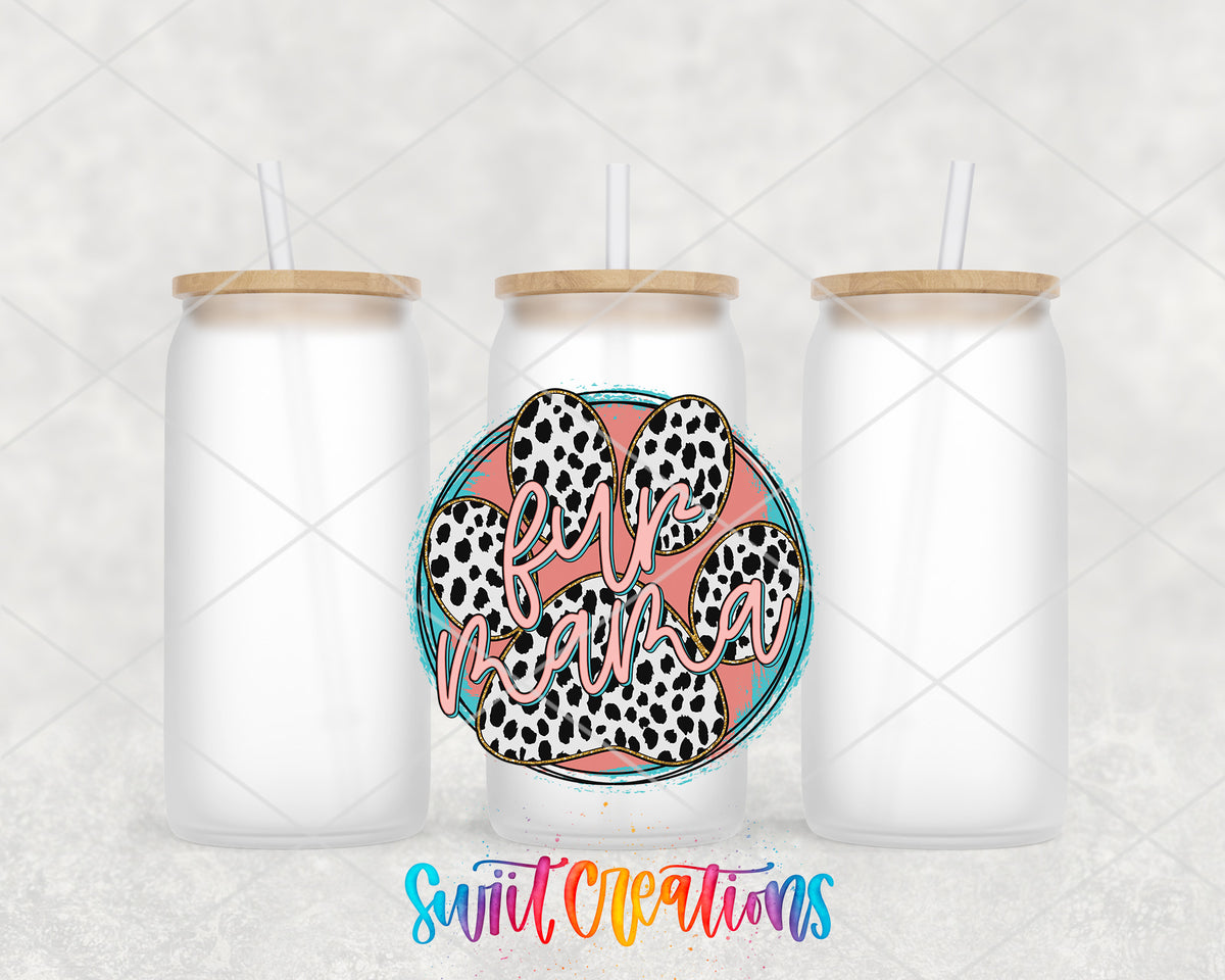 Fur Mama Leopard Paw frosted glass tumbler group view with lids and straws