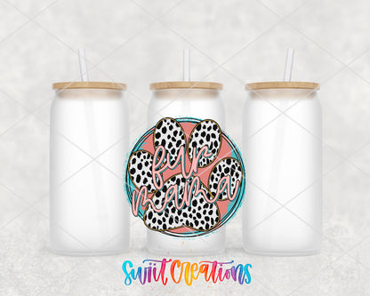 Fur Mama Leopard Paw frosted glass tumbler group view with lids and straws