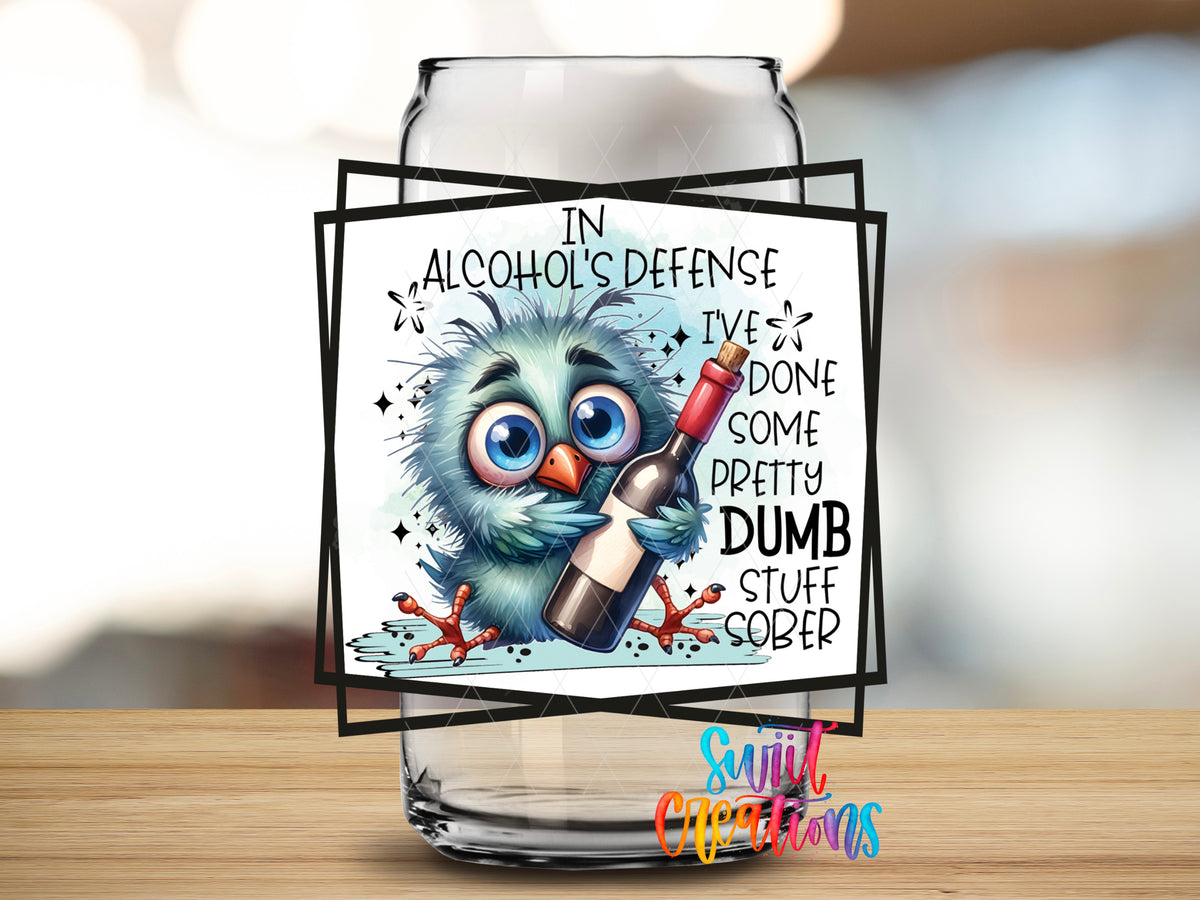 In Alcohols Defense Owl design close-up on a clear glass can tumbler