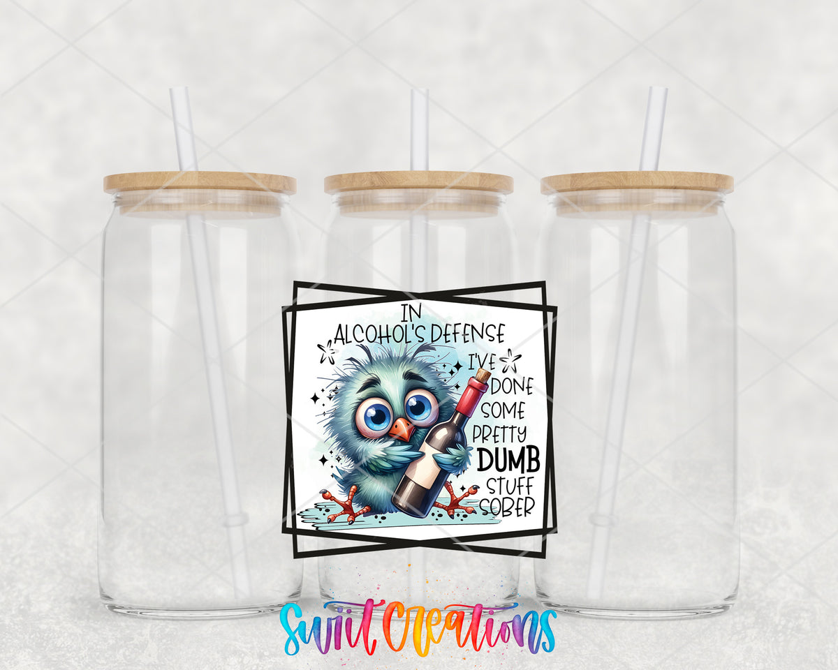In Alcohols Defense Owl clear glass tumbler group mockup with bamboo lids and straws