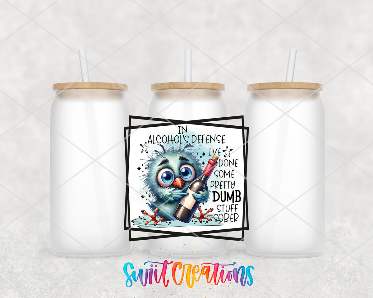 In Alcohols Defense Owl frosted glass tumbler group view with lids and straws