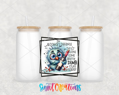 In Alcohols Defense Owl frosted glass tumbler group view with lids and straws