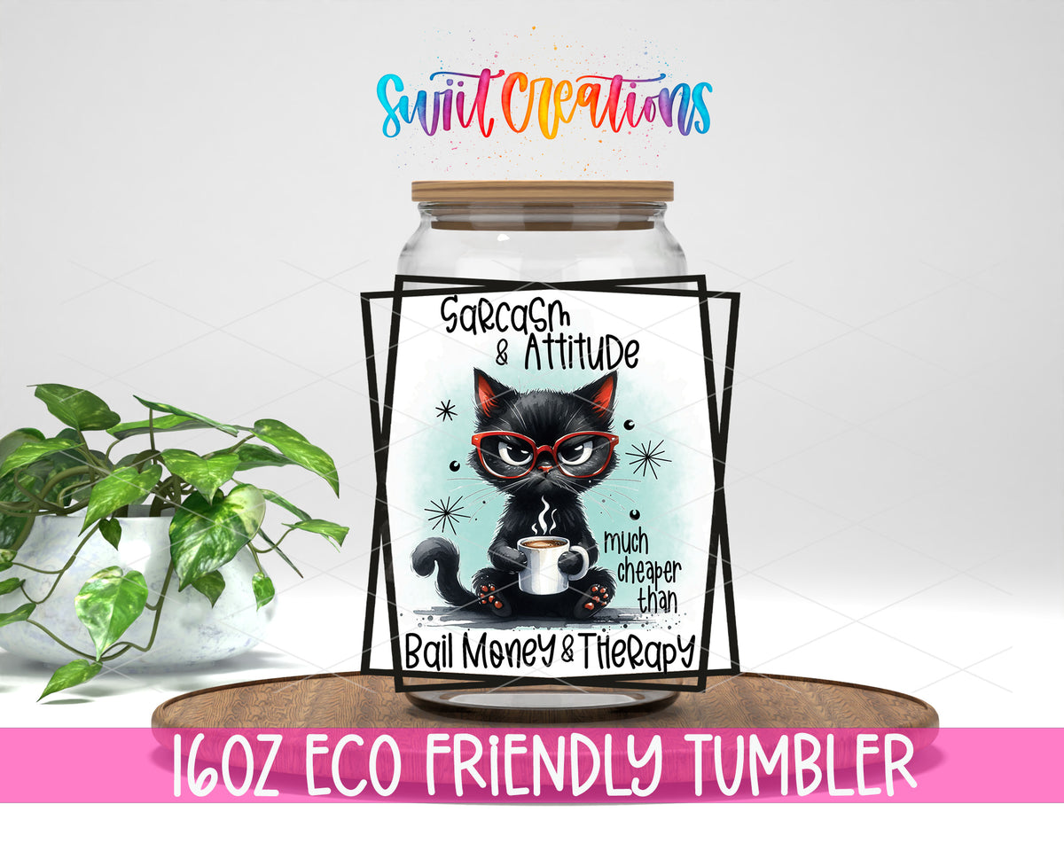 Sarcasm and Attitude Cat design on a 16 oz clear glass tumbler with bamboo lid