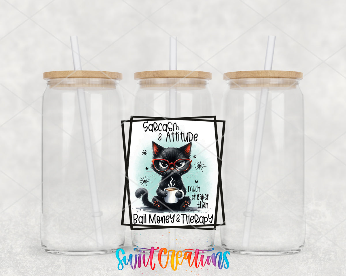 Sarcasm and Attitude Cat clear glass tumbler group mockup with bamboo lids and straws