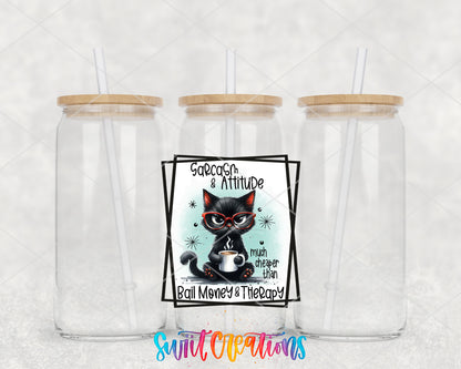 Sarcasm and Attitude Cat clear glass tumbler group mockup with bamboo lids and straws