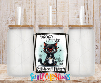 Sarcasm and Attitude Cat frosted glass tumbler mockup with bamboo lids and straws