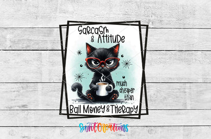 Sarcasm and Attitude Cat artwork detail for the finished 16 oz tumbler