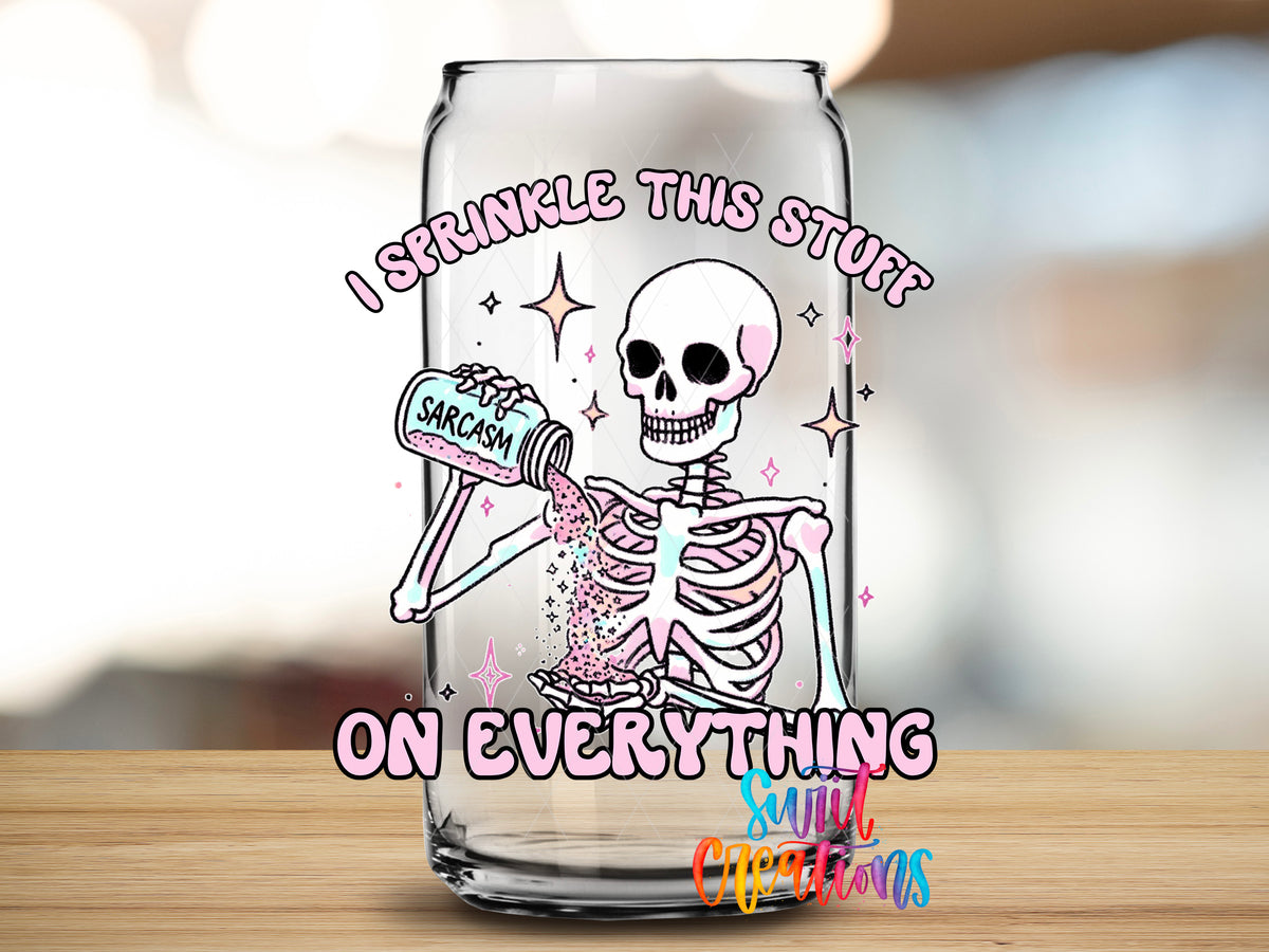 Sprinkle Sarcasm Skeleton design close-up on a clear glass can tumbler