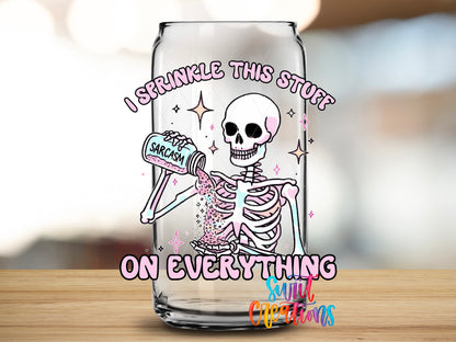 Sprinkle Sarcasm Skeleton design close-up on a clear glass can tumbler