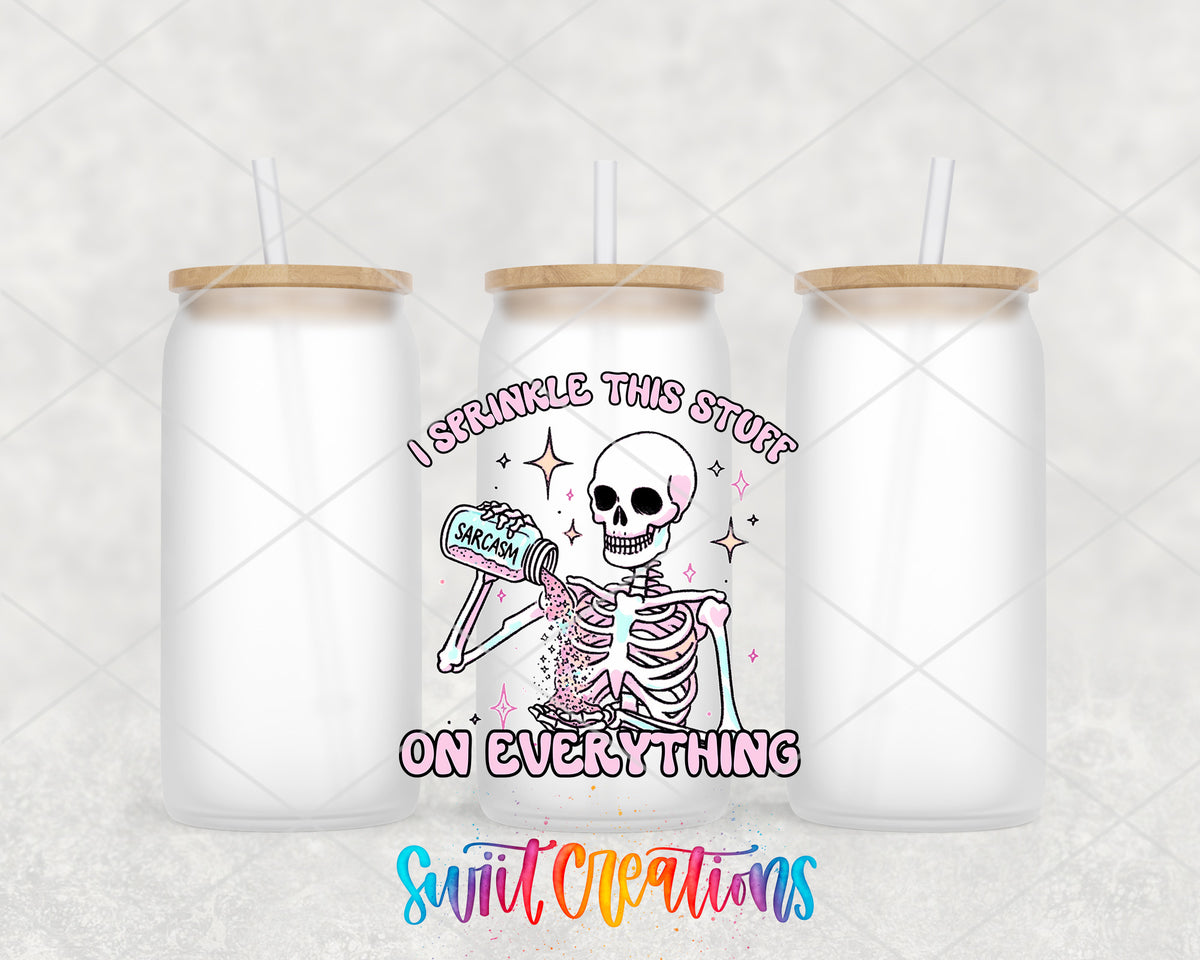 Sprinkle Sarcasm Skeleton frosted glass tumbler group view with lids and straws