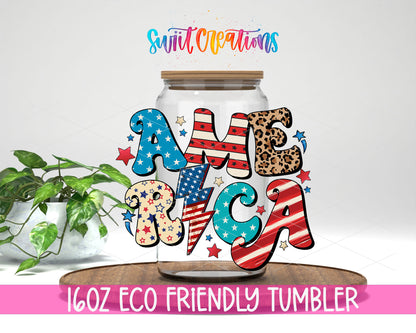 America Patchwork design on a 16 oz clear glass tumbler with bamboo lid
