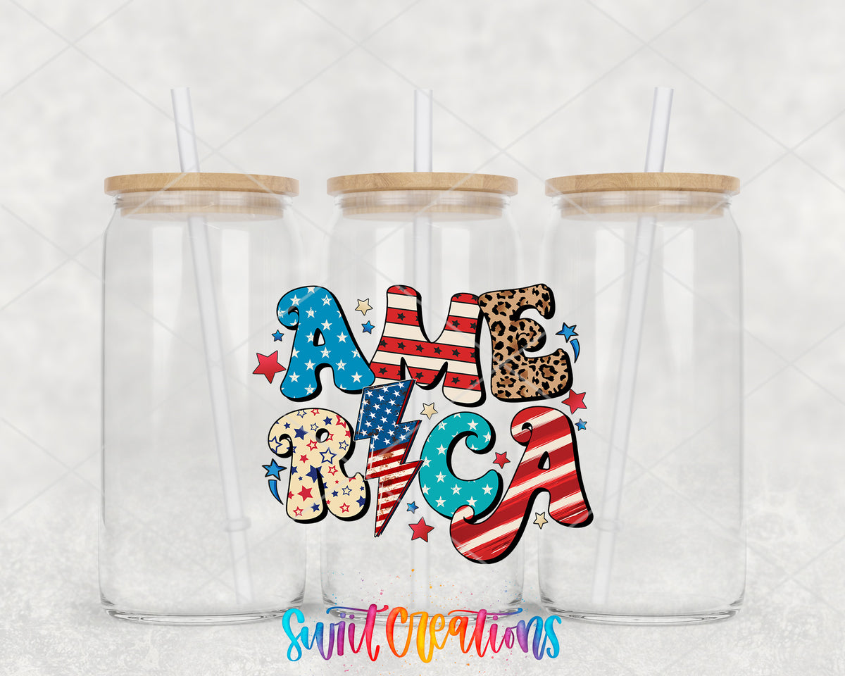 America Patchwork clear glass tumbler group mockup with bamboo lids and straws