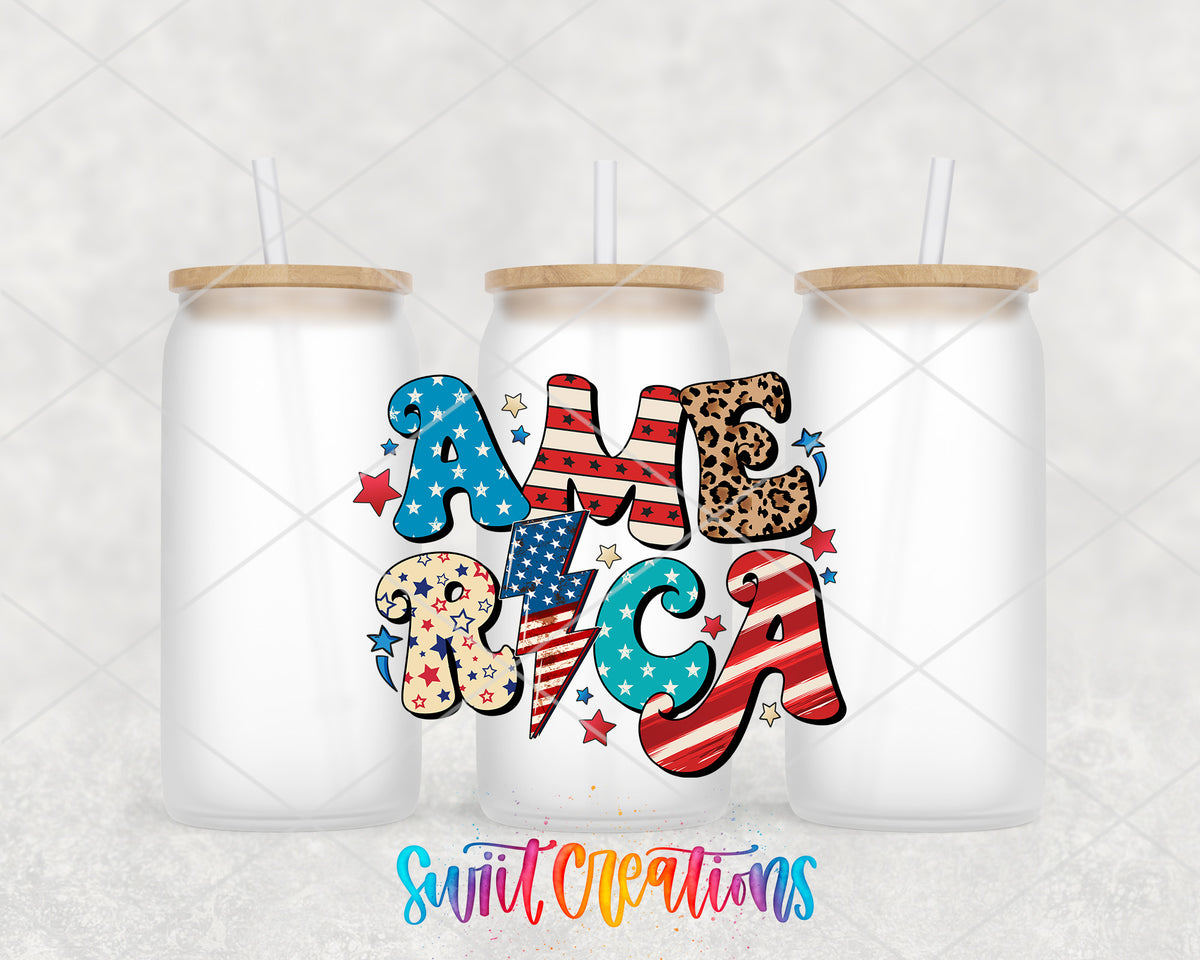 America Patchwork frosted glass tumbler group view with lids and straws