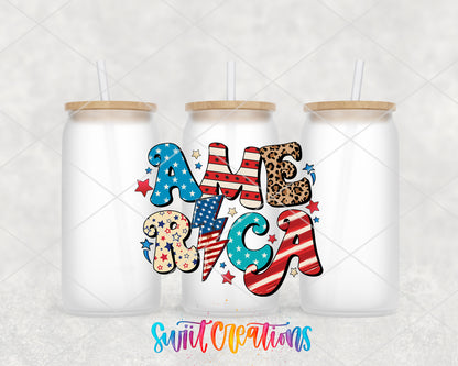 America Patchwork frosted glass tumbler group view with lids and straws