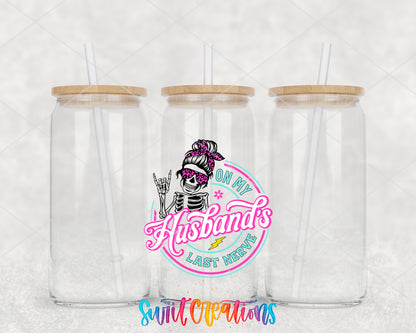 On My Husbands Last Nerve clear glass tumbler group mockup with bamboo lids and straws