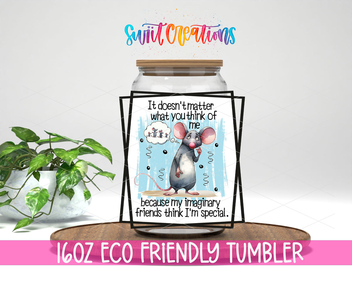 Imaginary Friends Mouse design on a 16 oz clear glass tumbler with bamboo lid