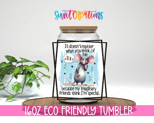 Imaginary Friends Mouse design on a 16 oz clear glass tumbler with bamboo lid
