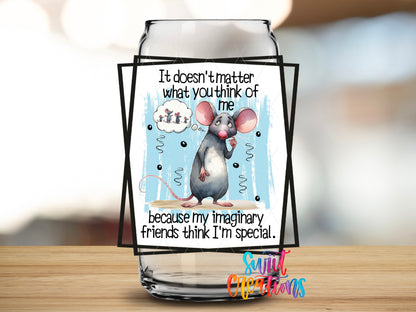 Imaginary Friends Mouse design close-up on a clear glass can tumbler