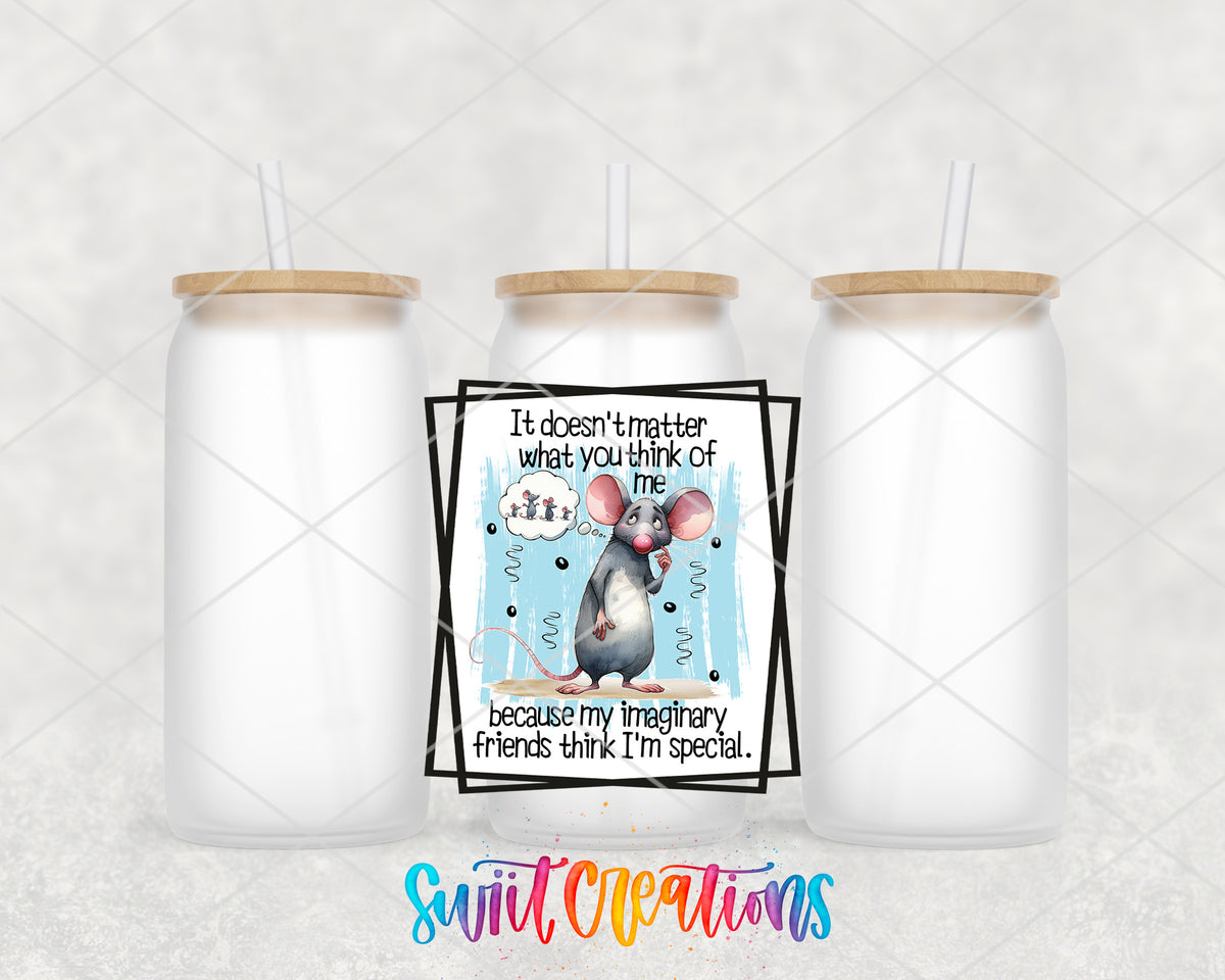 Imaginary Friends Mouse frosted glass tumbler group view with lids and straws