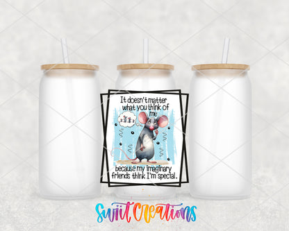 Imaginary Friends Mouse frosted glass tumbler group view with lids and straws